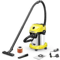 Aspirator Karcher cu acumulator WD 3-18 S /Battery Set, Aspirare umeda si uscata, Baterie de 18 V, Recipient de 17 L din otel inoxidabil, Furtun de 2 m , Include bateria Karcher de 18 V/5,0 Ah si incarcator de baterie, Galben/Negru/Metal