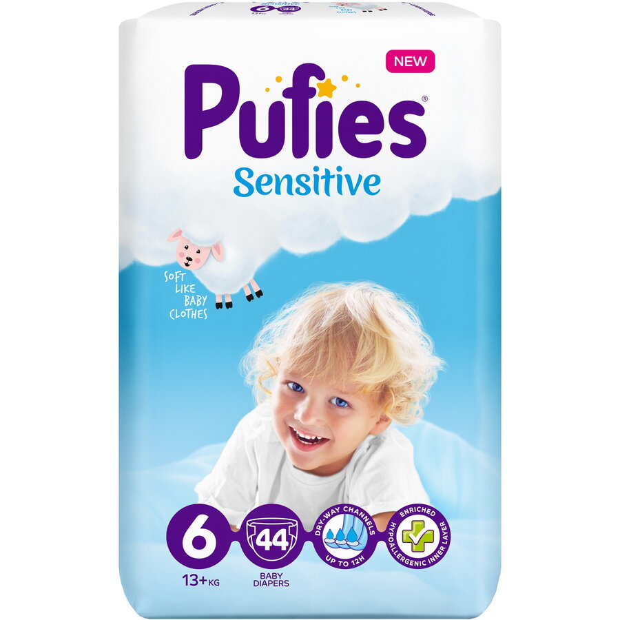 Scutece Pufies Sensitive, 6 Extra Large, Maxi Pack, 13+ kg, 44 buc