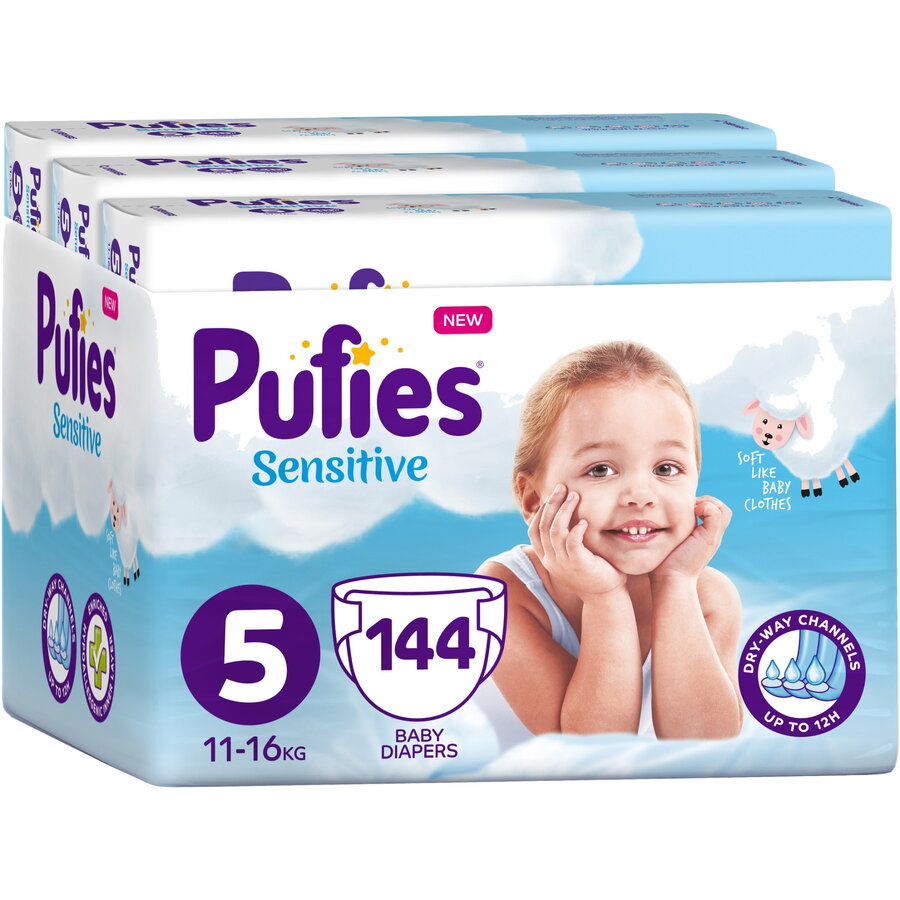 Scutece Pufies Sensitive, 5 Junior, Monthly Box, 11-16 kg, 144 buc