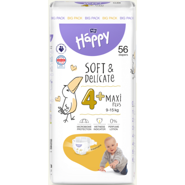 Scutece Happy Soft&Delicate Maxi Plus, Marimea 4+, 62 buc