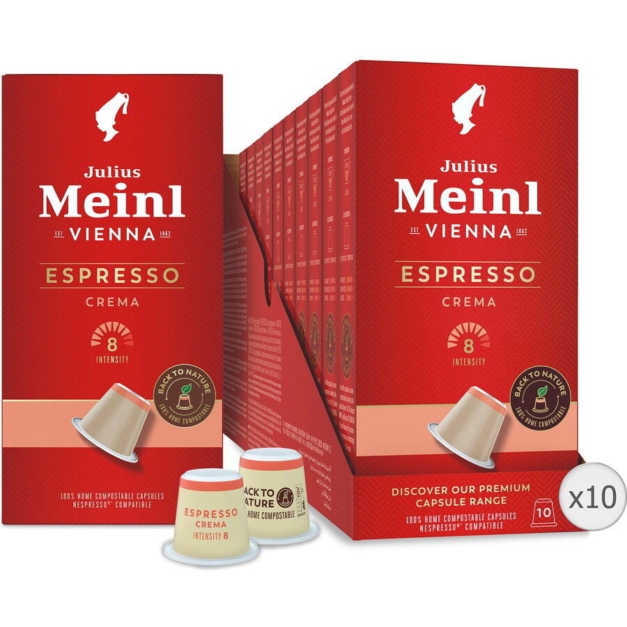 Set 10 x Capsule cafea Julius Meinl Espresso Crema, compatibile Nespresso, 100% biodegradabile, 100 capsule, 560g