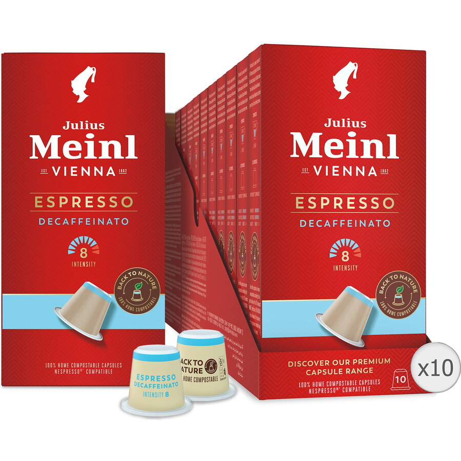 Set 10 x Capsule cafea Julius Meinl Espresso Decaf, decofeinizata, compatibile Nespresso, 100% biodegradabile, 100 capsule, 560g