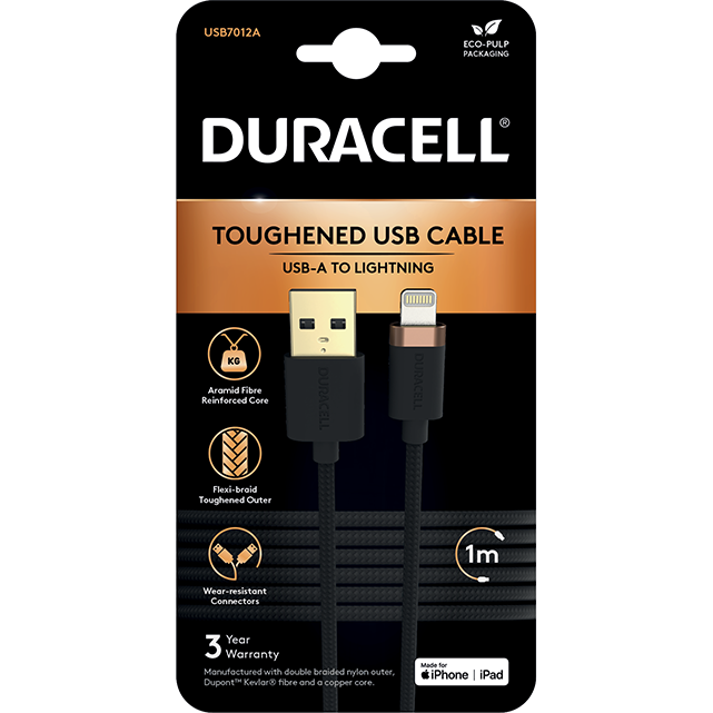 Cablu de date Duracell USB7012A, USB-A - Lightning, 5V/3A, 1m (Negru)