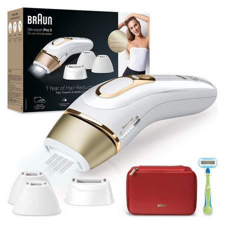 Epilator IPL Braun Silk-expert PRO 5 PL5382 Senzor automat & continuu Skin pro 2.0, 400.000 impulsuri, 10 niveluri de intensitate, 125 de impulsuri pe minut, 2 Capete de precizie, 1 Cap lat, Trusa de voiaj, Aparat de ras Venus, Auriu