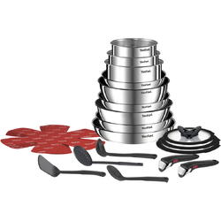 Set vase 20 piese Tefal Ingenio Emotion, oala 24 cm, tigaie Wok 26 cm, tigaie 22/24/26/28 cm, cratita 16/18/20 cm, capac sticla 16/18/20 cm, 2 manere detasabile, 4 protectii termice, 4 ustensile, inox, argintiu