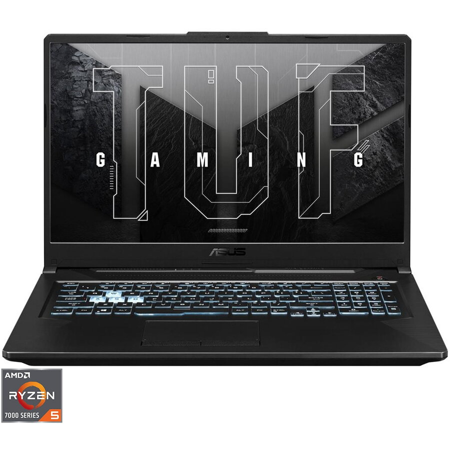 Laptop Gaming ASUS TUF A17 FA706NF cu procesor AMD Ryzen™ 5 7535HS pana la 4.55 GHz, 17.3, Full HD, IPS, 144Hz, 16GB, 512GB SSD, NVIDIA® GeForce RTX™ 2050 4GB GDDR6, No OS, Graphite Black
