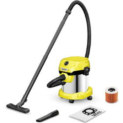 Aspirator umed-uscat Karcher WD 2 PLUS S V-15/4/18/C (YSY), 1.628-054.0, Aspirare umeda si uscata, Recipient de 15L din otel inoxidabil, Furtun de 1.8 m, 1000 W, Functie de suflare, Filtru cartus, Sistem de blocare „Pull & Push”, Galben/Negru/Metal