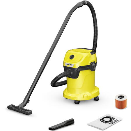 Aspirator multifunctional Karcher WD 3 V-17/4/20 1.628-127.0, Aspirare umeda si uscata, 17 l, Furtun 2 m, 1000 W, Sac filtru din hartie, Functie de suflare, Galben/Negru