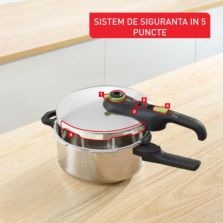 Oala sub presiune Tefal Secure Trendy, sistem siguranta in 5 puncte, 2 programe de gatire, compatibil cu inductia, 4 L, argintiu