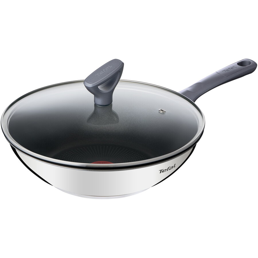 Tigaie wok cu capac Tefal Daily Cook, 28 cm, invelis antiaderent din titan, indicator Thermo-Signal, argintiu/negru