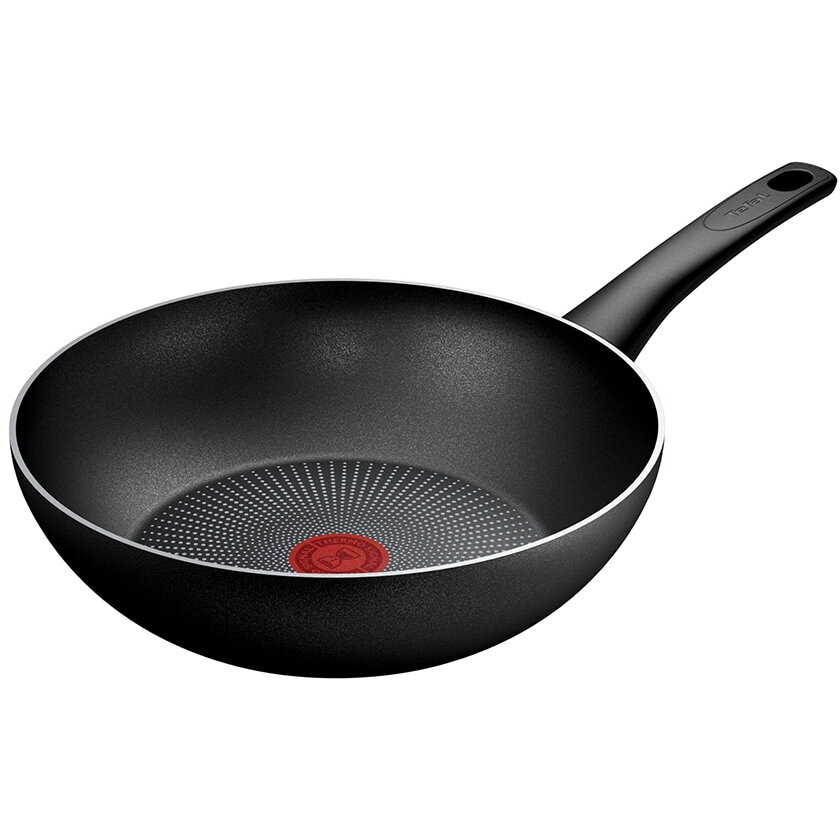 Tigaie wok Tefal Force, 28 cm, indicator Thermo-Signal, compatibil cu inductia, invelis antiaderent Titanium, negru