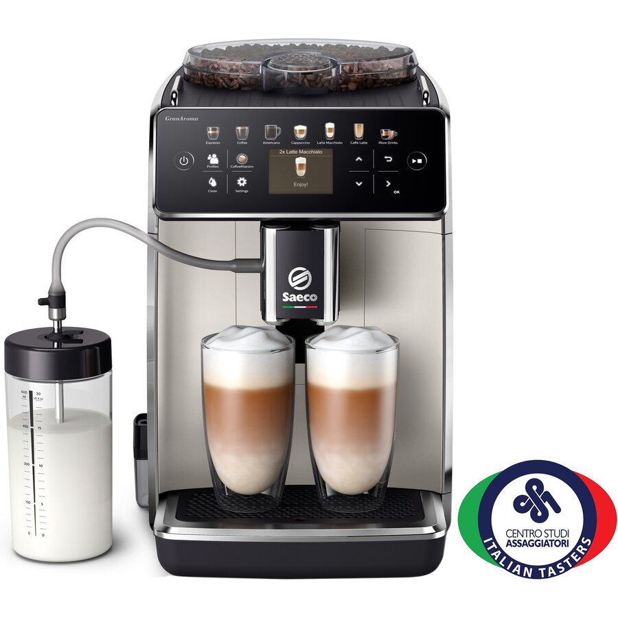 Espressor automat Saeco GranAroma SM6582/30, sistem de lapte Latte Duo, 16 bauturi, 15 bar, ecran TFT color, 6 profiluri utilizator, filtru AquaClean, rasnita ceramica, functie DoubleShot, Crem metalic