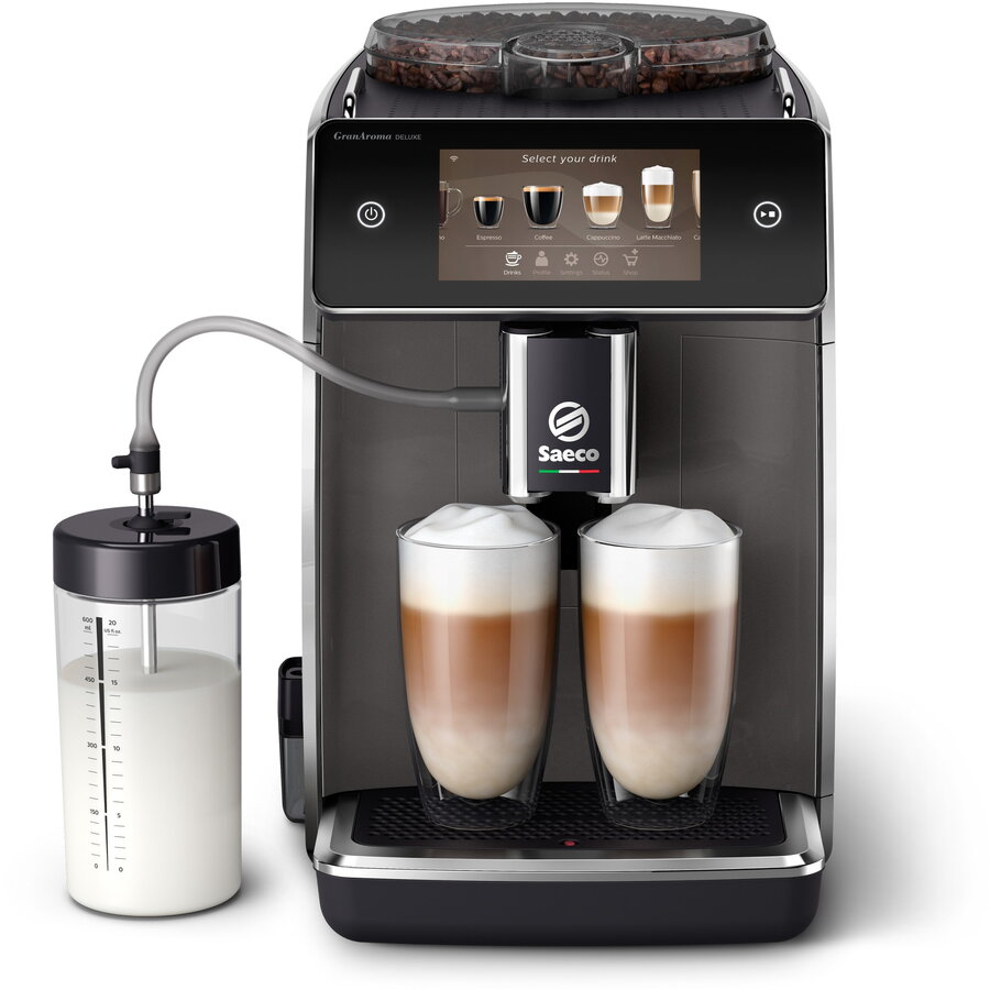Espressor automat Saeco GranAroma Deluxe SM6682/10, 18 specialitati de cafea, ecran cu touch color 5, 6 profiluri de utilizator, 3 profiluri de gust presetate cu CoffeeMaestro, conectivitate, rasnita ceramica cu 12 trepte de macinare, negru