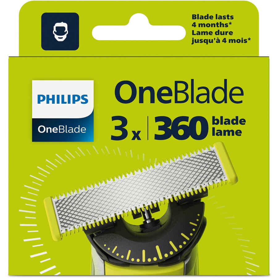 Rezerva OneBlade 360, QP430/50, otel inoxidabil, umed si uscat, kit 3 lame,compatibil cu Philips OneBlade si OneBladePro, Verde