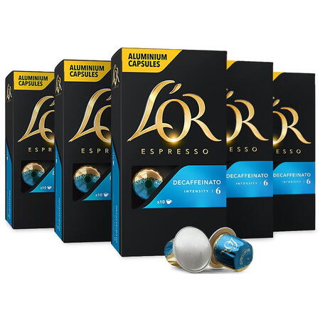 Set 5X Capsule cafea L'OR Espresso Decaffeinato, intensitate 6, 50 bauturi x 40 ml, compatibile cu sistemul Nespresso®, 50 capsule aluminiu