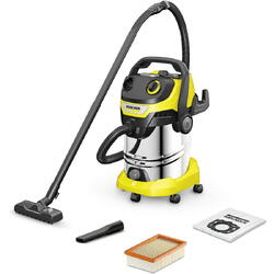 Aspirator umed-uscat Karcher WD 5 S V-30/5/22, 1.628-379.0, Aspirare umeda si uscata, rezervor de 30 L din otel inoxidabil, furtun de 2.2 m, 1100 W, functie de suflare, functie de curatare a filtrelor, Galben/Negru/Metal