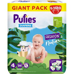 Scutece Pufies Fashion&Nature, Marimea 4 Maxi, 9-14 kg 84 buc,Giant Pack