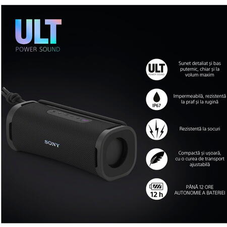 Boxa portabila Sony ULT FIELD 1, ULT Power Sound, Bluetooth 5.3, Rezistenta la apa IP67, ULT Power Sound, Autonomie 12 ore, Negru