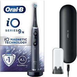 Periuta de dinti electrica Oral-B iO9 cu Tehnologie Magnetica si Micro-Vibratii, Inteligenta artificiala, Display led, Senzor de presiune Smart, Timer vizibil, 7 moduri, 1 capat, Suport rezerve, Incarcator magnetic, Trusa de calatorie cu incarcator, Negru