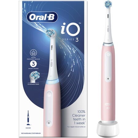 Periuta de dinti electrica Oral-B iO3 cu Tehnologie Magnetica si Micro-Vibratii, Senzor de presiune Smart, 3 moduri, 1 capat, Roz