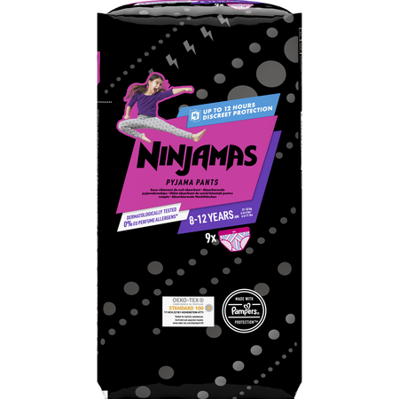 Scutece-chilotel pentru noapte Ninjamas pentru fetite, 8-12 ani, 27-43 kg, 9 buc