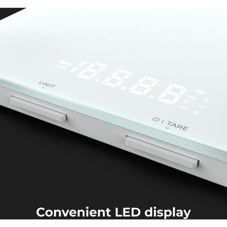 Cantar de bucatarie Aeno AKS0001S, control electronic, tara si RNI, sincronizare cu aplicatie Aeno prin Bluetooth 4.2, analiza nutritiei alimentelor (calorii, proteine, grasimi, colesterol) 8kg, 1g, display LED, alb