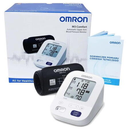 Tensiometru automat OMRON M3 Comfort cu manseta de brat IntelliWrap, Afisaj LCD, Functie de memorare pentru 2 utilizatori, Alb