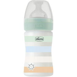Biberon Chicco Wellbeing, 150ml, PP, tetina silicon, flux lent, verde, 0luni+