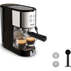 Espressor manual Krups Virtuoso Essential XP441810, presiune 15 bari, rezervor apa 1L, sistem de spumare a laptelui, functie apa fierbinte, reglare temperatura, oprire automata, sistem ThermoBlock, design compact, negru & argintiu