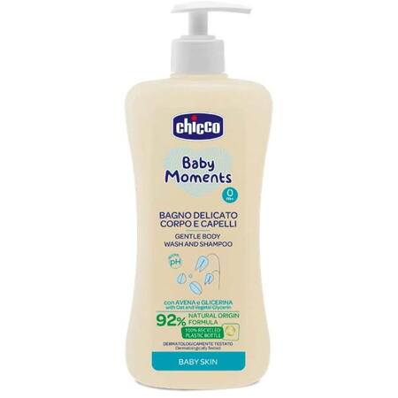 Gel de dus si sampon 2 in 1 fara lacrimi Chicco Baby Moments, 500 ml, 0 luni+