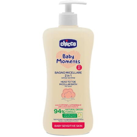 Sampon si gel de dus micelar dermatologic Chicco Baby Moments Sensitive, 500ml, 0 luni+