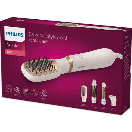 Perie cu aer cald Philips Seria 3000 BHA310/00, 800W, tehnologie cu ioni, 4 accesorii, diametru perie 38mm, setare temperatura de ingrijire si aer rece, invelis ceramic cu ulei de argan