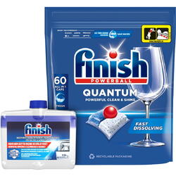 Pachet Detergent capsule pentru masina de spalat vase Finish Quantum, 60 spalari + Solutie de curatare Finish, 250 ml