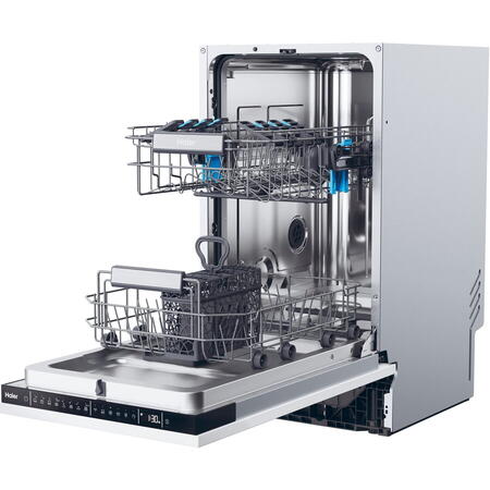 Masina de spalat vase incorporabila Haier XI0C3TB3FB, 10 seturi, 8 programe, Inverter, WiFi, Aquastop, Deschidere automata usa, Senzor incarcare, Senzor grad murdarie, Clasa C, 45 cm