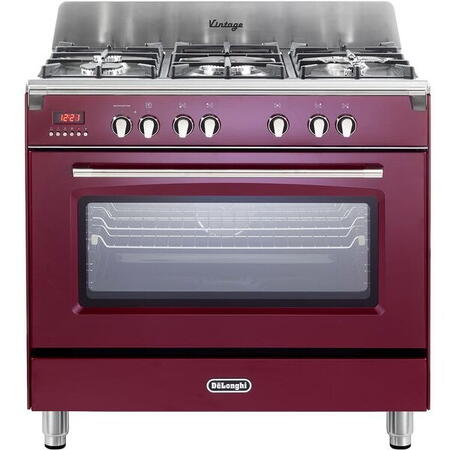 Aragaz profesional DeLonghi MEM 965 RX ED RO, 5 arzatoare, Gaz + Electric, L 90 cm, Grill, rosu bordeaux