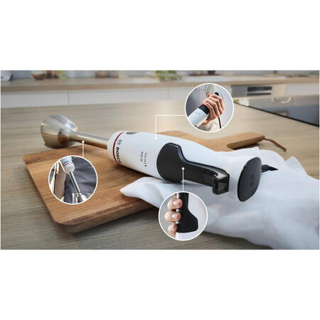 Mixer vertical ErgoMaster MSM4W210, 600 W, cutit 4 lame si functie antisplash, cuplaj ceramic, picior mixare inoxidabil, pahar de masurare, Alb/ negru grey