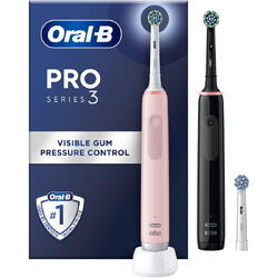 Set 2x Periuta de dinti electrica Oral-B Pro 3 Cross Action, Curatare 3D, 3 programe, 1 capat, Negru/Roz