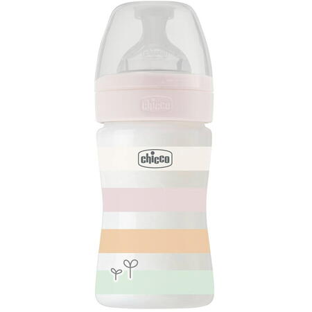 Biberon Chicco Wellbeing, 150ml, PP, tetina silicon, flux lent, alb, 0luni+