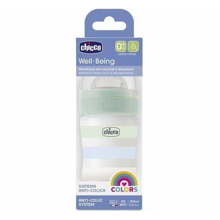Biberon Chicco Wellbeing, 150ml, PP, tetina silicon, flux lent, alb, 0luni+