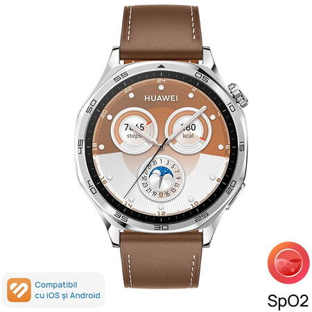 Smartwatch Huawei Watch GT 5, 46MM, Tarnish Stainless Steel Case, Brown Composite Leather Strap