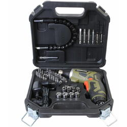 Surubelnita pe acumulator Heinner ATE001, 3.6 V, 4 Nm, 6+1 trepte torsiune, 28 biti 25 mm, 4 biti 50 mm, 2 burghie, 8 capete tubulare, suport magnetic bit, prelungitor flexibil, adaptor, incarcator