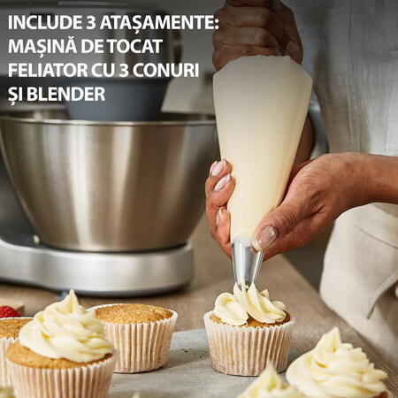 Robot de bucatarie KENWOOD Prospero+ KHC29A.M0SI, 1000 W, vas 4.3l, blender sticla 1.2l, masina de tocat, feliator cu 3 conuri, 3 accesorii patiserie, 6 trepte viteza, argintiu