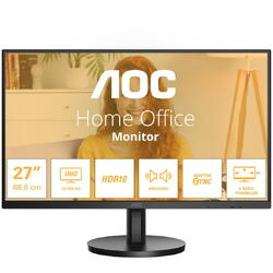 Monitor AOC, 27", IPS, 4K, UHD, 60Hz, 4ms, HDR10, FlickerFree, Boxe 2W x 2, HDMI, DisplayPort, U27B3A, Negru