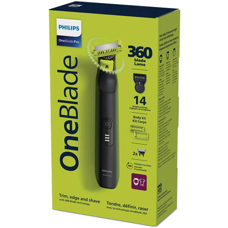 Aparat hibrid de barbierit si tuns pentru fata si corp PHILIPS OneBlade Pro QP6542/15, 2 lame 360, pieptene cu 20 de setari de lungime (0,4-10 mm), 2 accesorii pentru corp, autonomie 90 min, cablu de alimentare USB-A, fara adaptor pentru priza