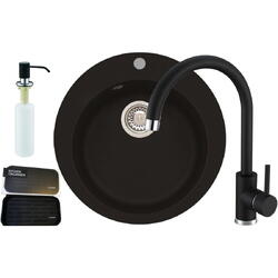 Pachet chiuveta bucatarie Alveus Victoria 10 + baterie Alveus Kati + dozator detergent lichid + organizator, adancime cuva 19cm, diametru 50.5 cm, negru