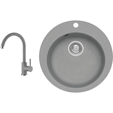 Pachet chiuveta bucatarie Alveus Victoria 10, material compozit, diametru 510mm, adancime 190mm, Gri Concrete + Baterie Kati, sifon inclus, Gri