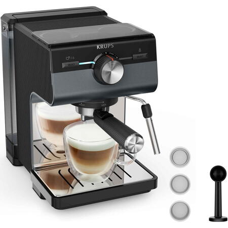 Espressor manual Krups Authentic+ C80 XP384G10, 15 bari, rezervor apa detasabil 2 L, duza spumare lapte, functie apa fierbinte, compatibilitate paduri ESE, oprire automata, negru