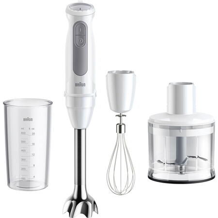 Mixer vertical Braun MQ50236M, 1000 W, 21 trepte viteza, Functie Turbo, Tocator 500 ml, Tel, Pahar gradat 600 ml, Alb/Gri