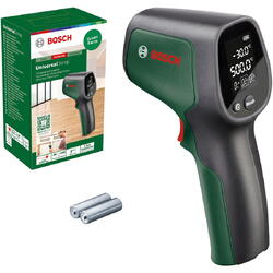Termodetector Bosch UniversalTemp 06036831Z0, tehnologia sa cu laser cu infrarosu are un domeniu vast de masurare de la -30 °C pâna la +500 °C, afisaj retroiluminat lizibil