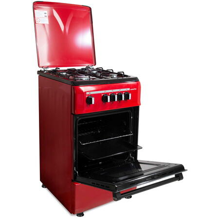 Aragaz Nobeltek NLT 5551R/G1, 50 cm, plita gaz, cuptor gaz, siguranta plita si cuptor, echipat cu diuze GPL, diuze GN de schimb, capac tabla, Rosu